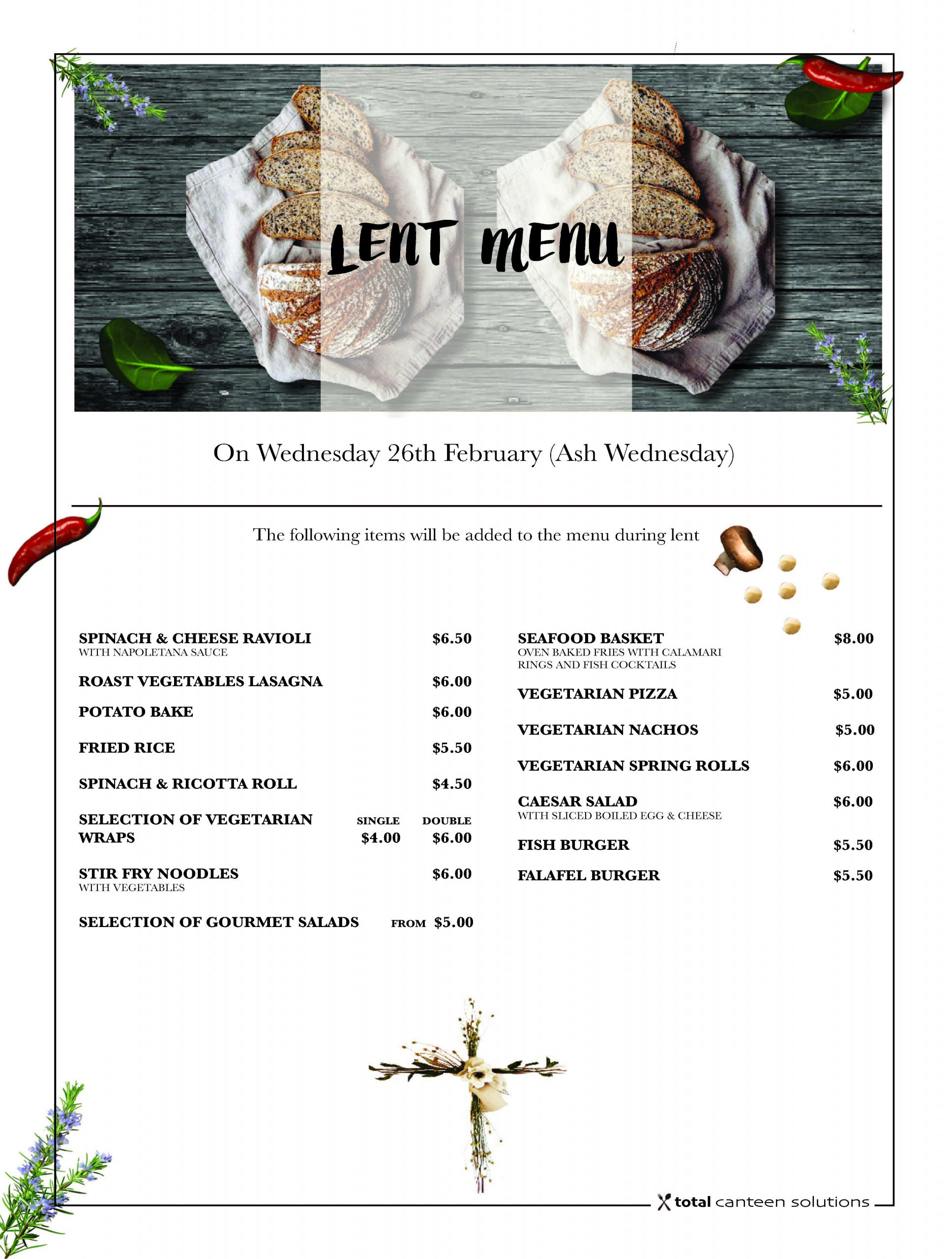 Canteen menu for Ash Wednesday and Lent